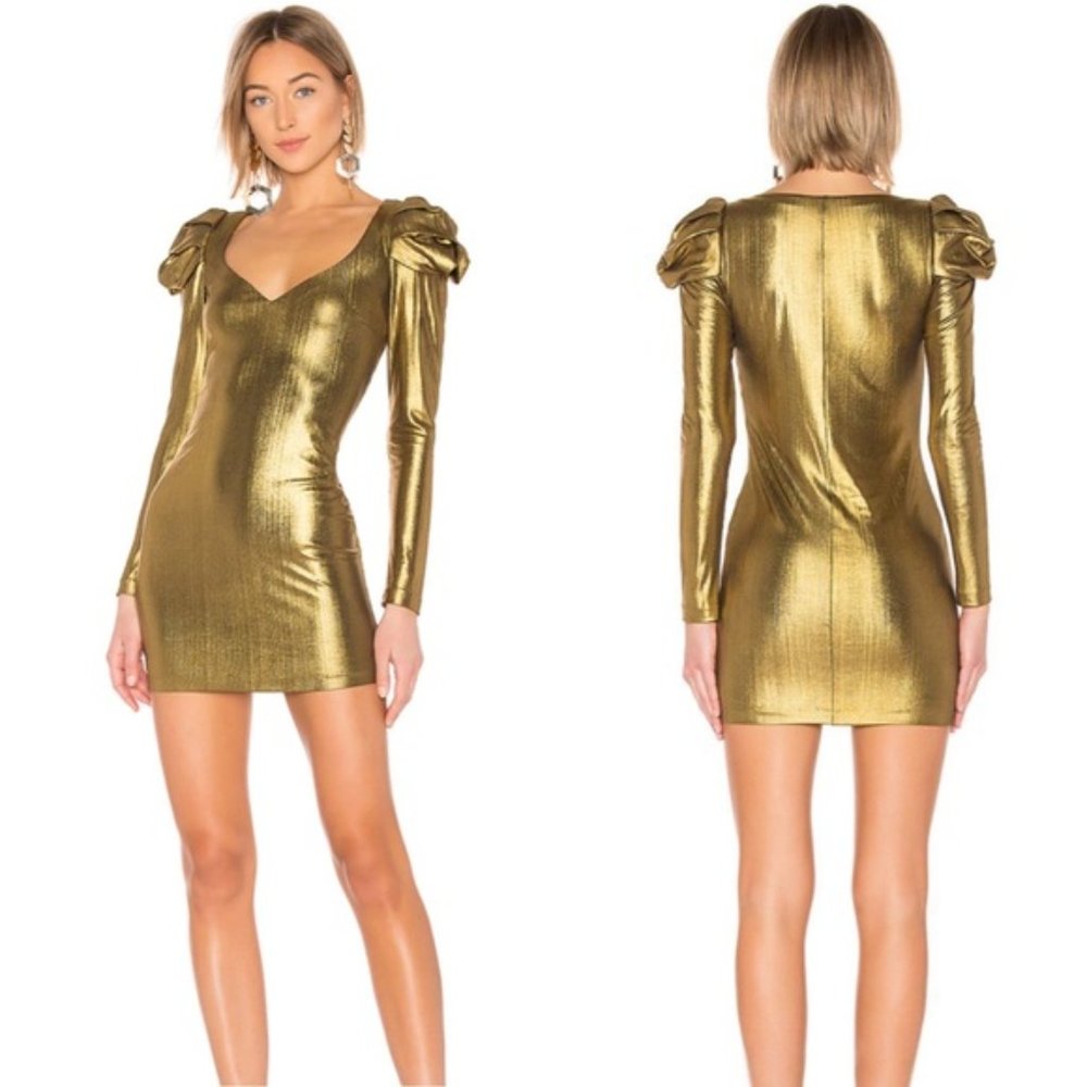 Amanda Uprichard Revolve Gold Long Puffy Sleeve Mini Cinderella Dress Small NYE